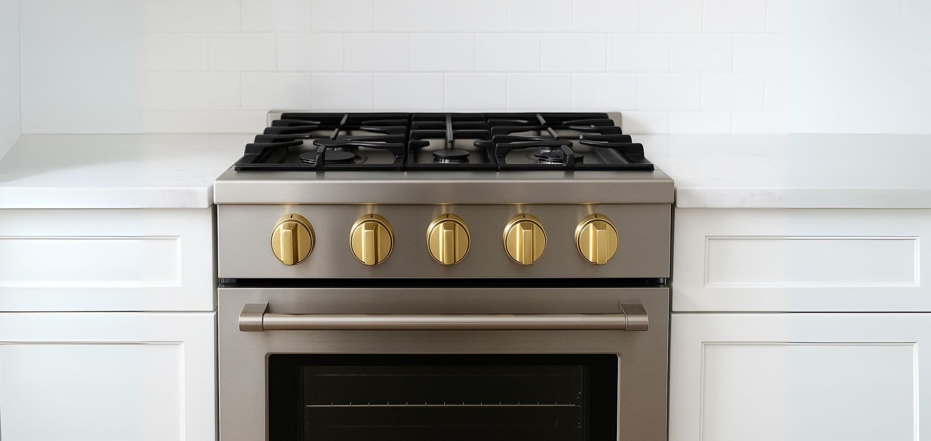 Stainless gas range fitted with matte gold universal stove knobs